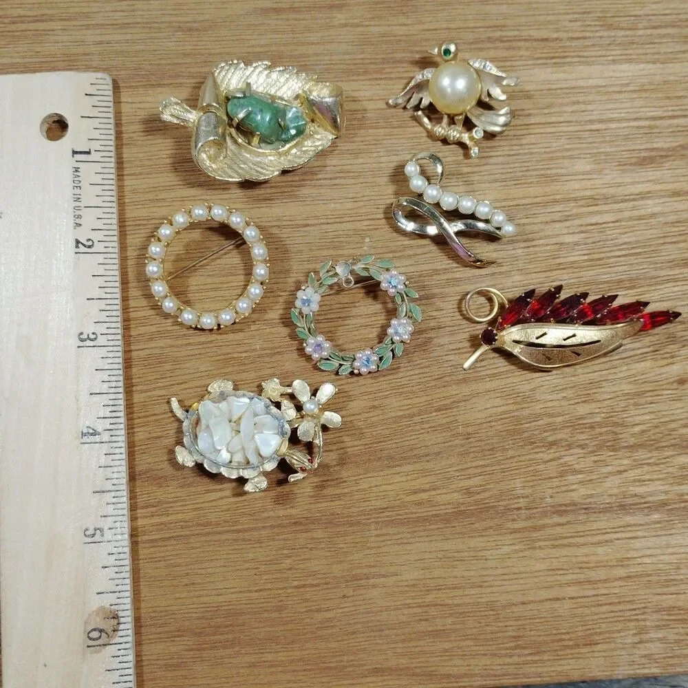 7 Vintage Floral Leaf Brooch Pins Metal Rhinestone Faux Pearl Multicolor Turtle